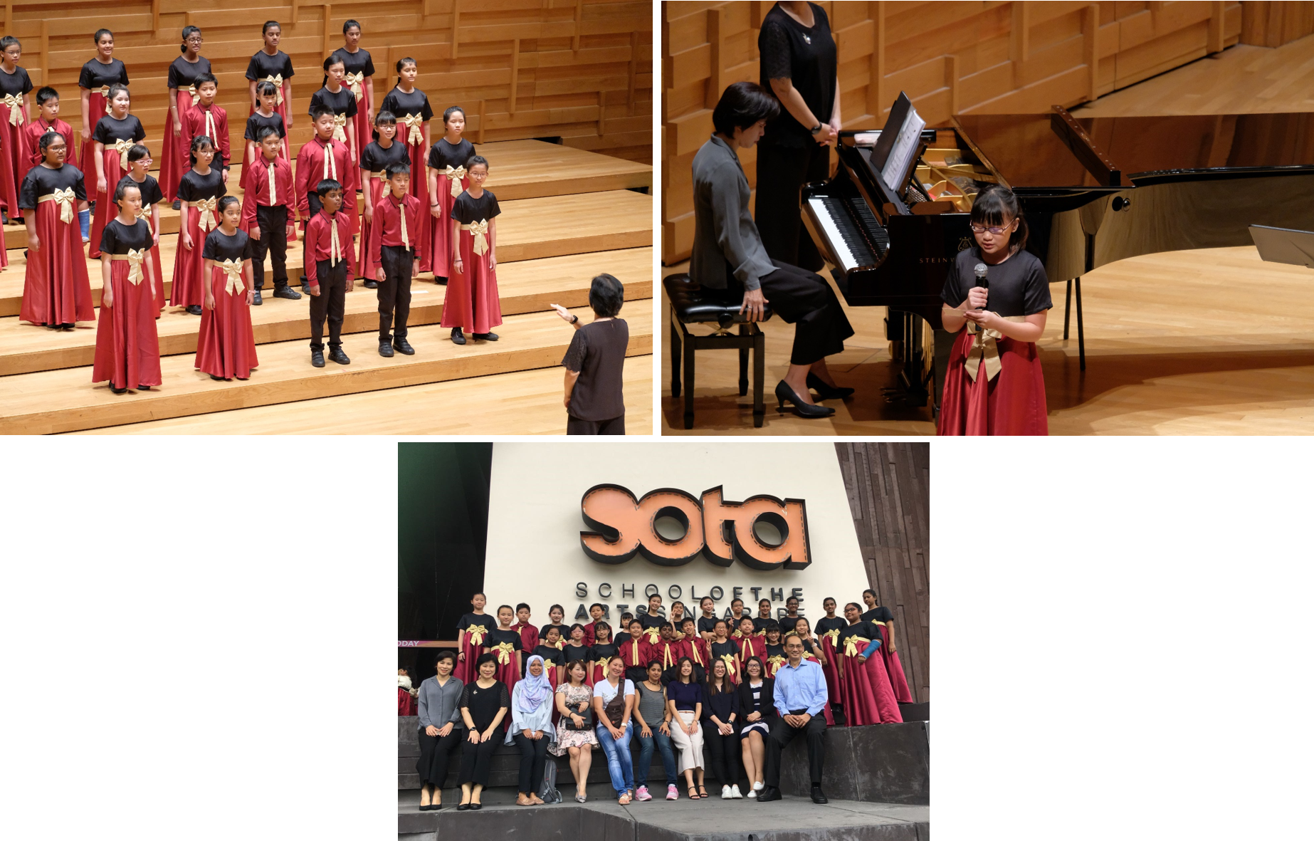 Choir in red robes on stage, soloist by grand piano, and group photo outside with SOTA sign.